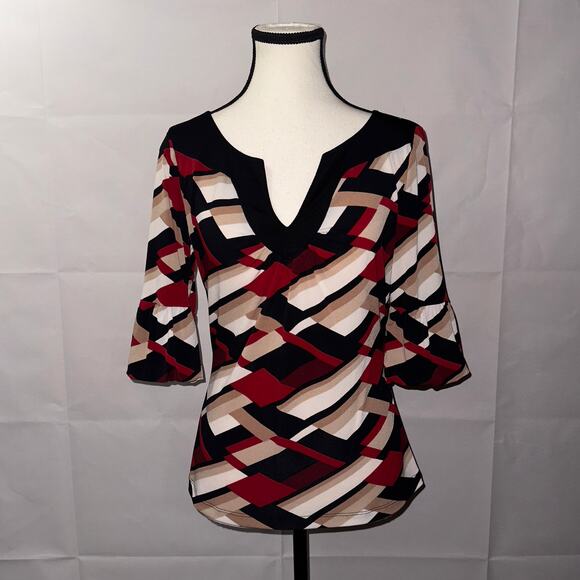 Candie's Geometric V-Neck 3/4 Sleeve blouse Black Red Brown Women's Size Medium - Picture 1 of 6